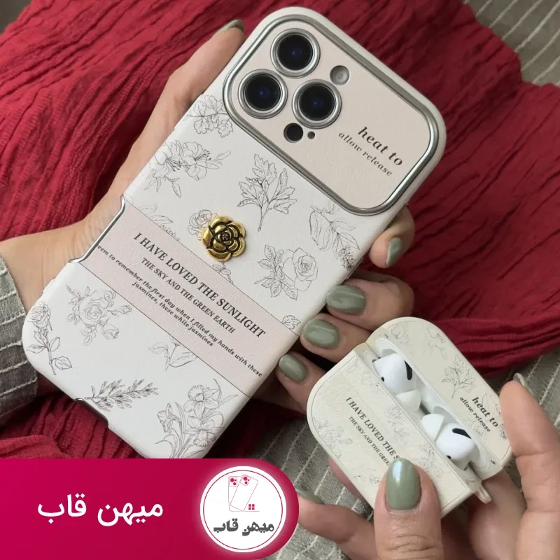 قاب موبایل دخترانه آیفون گل طلایی انگلیسی الگانس محافظ لنزدار
