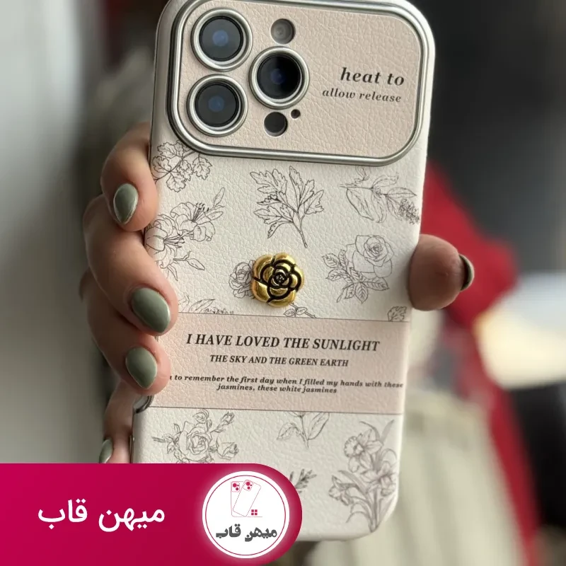 قاب موبایل دخترانه آیفون گل طلایی انگلیسی الگانس محافظ لنزدار