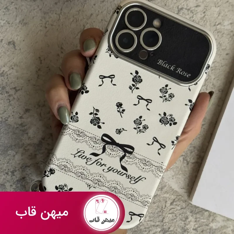 قاب موبایل آیفون بلک رز پاپیون ریز مشکی + بند پاپیون نگین دار