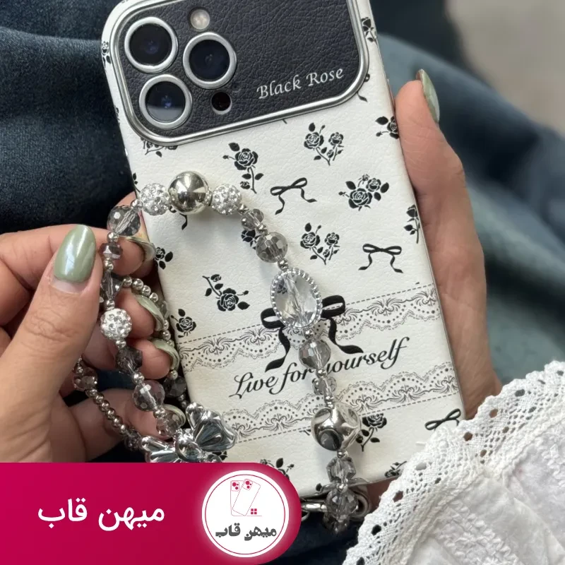 قاب موبایل آیفون بلک رز پاپیون ریز مشکی + بند پاپیون نگین دار