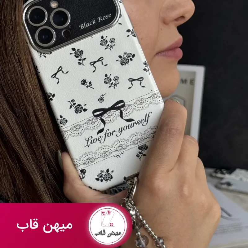 قاب موبایل آیفون بلک رز پاپیون ریز مشکی + بند پاپیون نگین دار