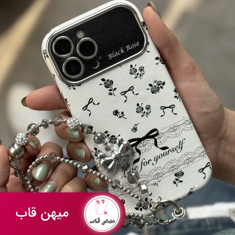 قاب موبایل آیفون بلک رز پاپیون ریز مشکی + بند پاپیون نگین دار