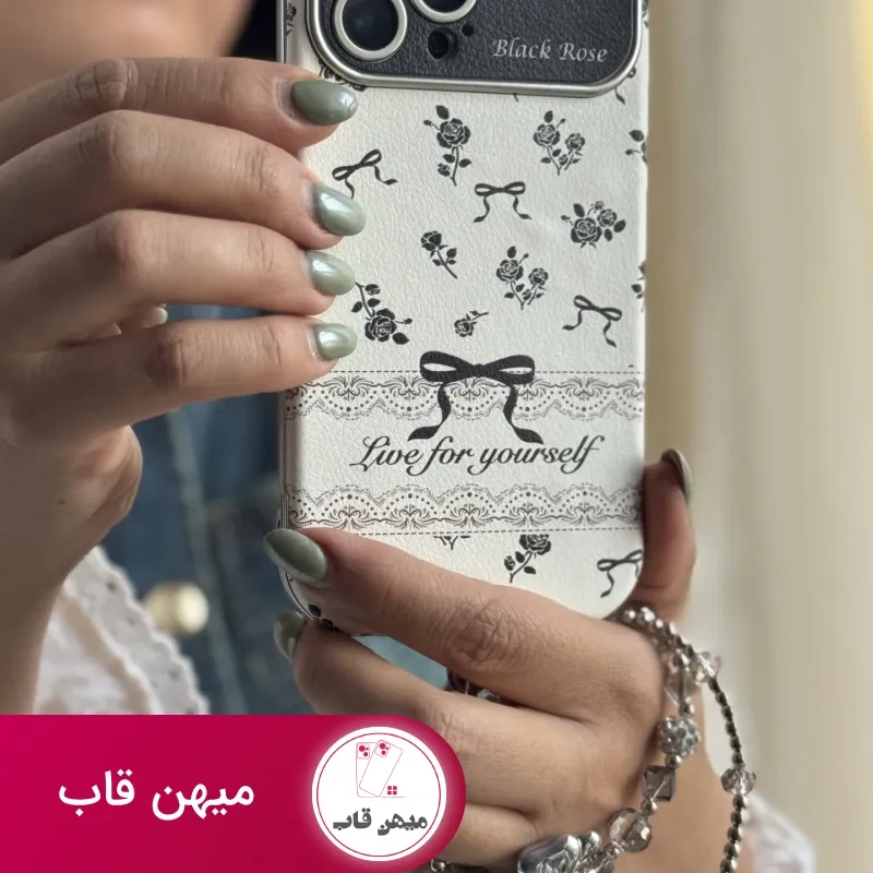 قاب موبایل آیفون بلک رز پاپیون ریز مشکی + بند پاپیون نگین دار