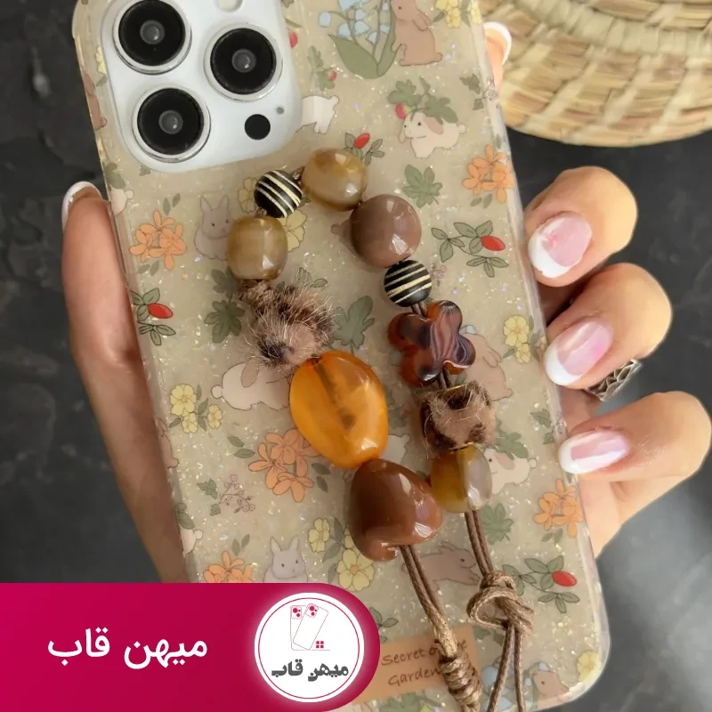 قاب موبایل آیفون خرگوش باغ جادویی + بندست مخملی