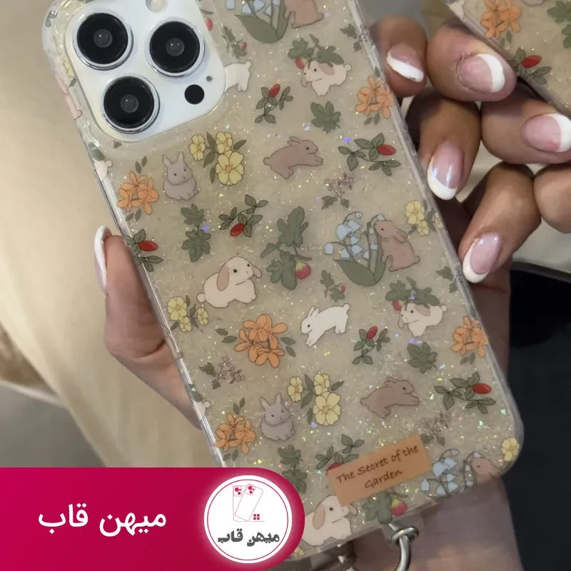 قاب موبایل آیفون خرگوش باغ جادویی + بندست مخملی