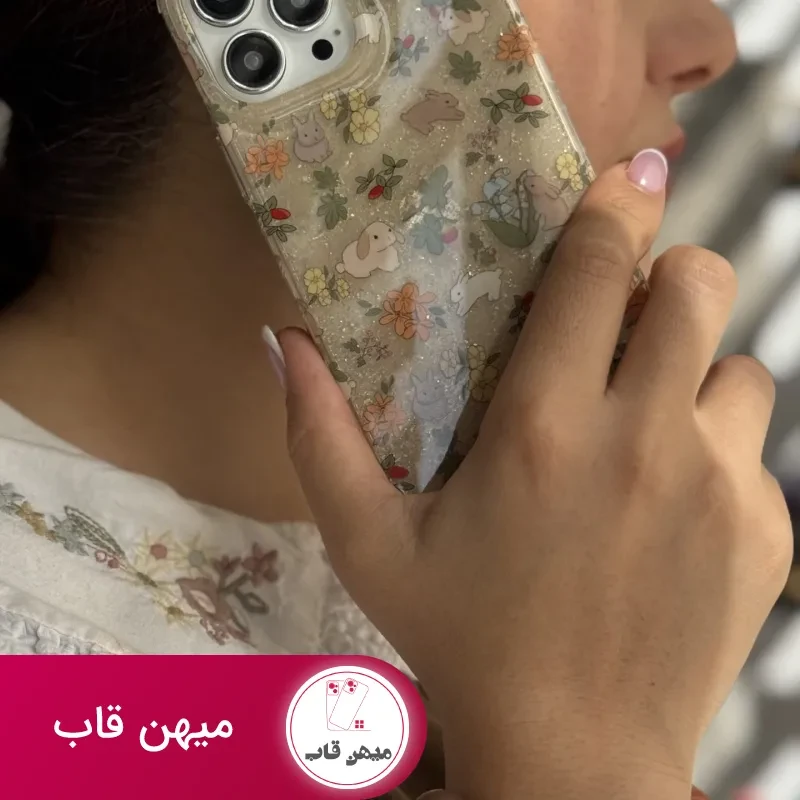 قاب موبایل آیفون خرگوش باغ جادویی + بندست مخملی
