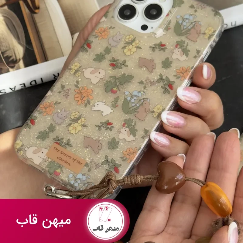 قاب موبایل آیفون خرگوش باغ جادویی + بندست مخملی
