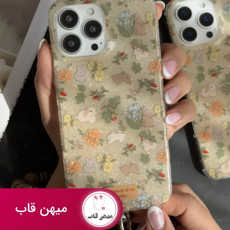 قاب موبایل آیفون خرگوش باغ جادویی + بندست مخملی