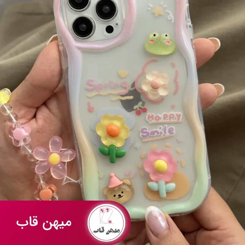 قاب موبایل آیفون قورباغه و نیلوفرآبی + بندست بابونه