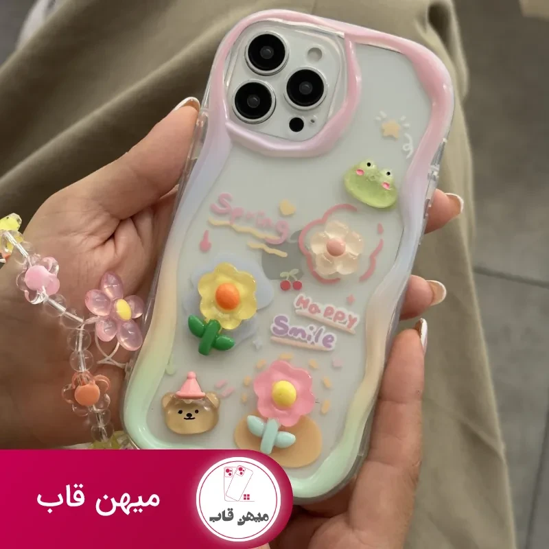 قاب موبایل آیفون قورباغه و نیلوفرآبی + بندست بابونه