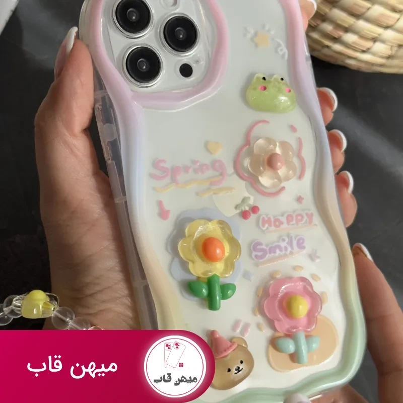 قاب موبایل آیفون قورباغه و نیلوفرآبی + بندست بابونه