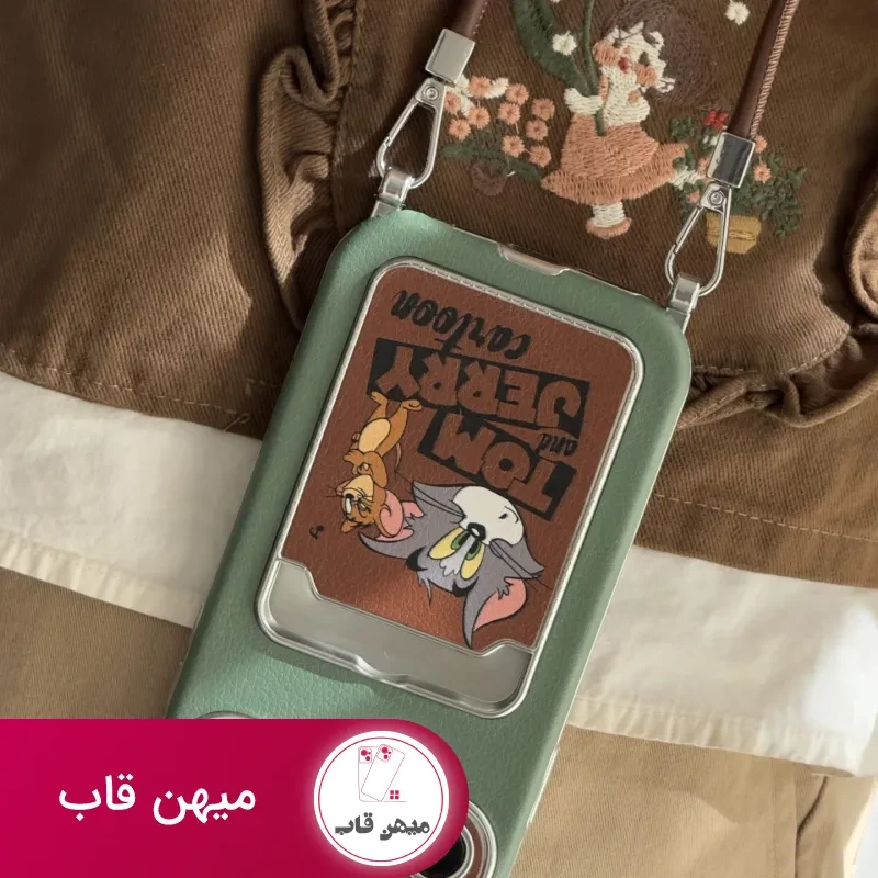 قاب موبایل آیفون تام و جری سبز و قهوه ای جاکارتی دار + بندست