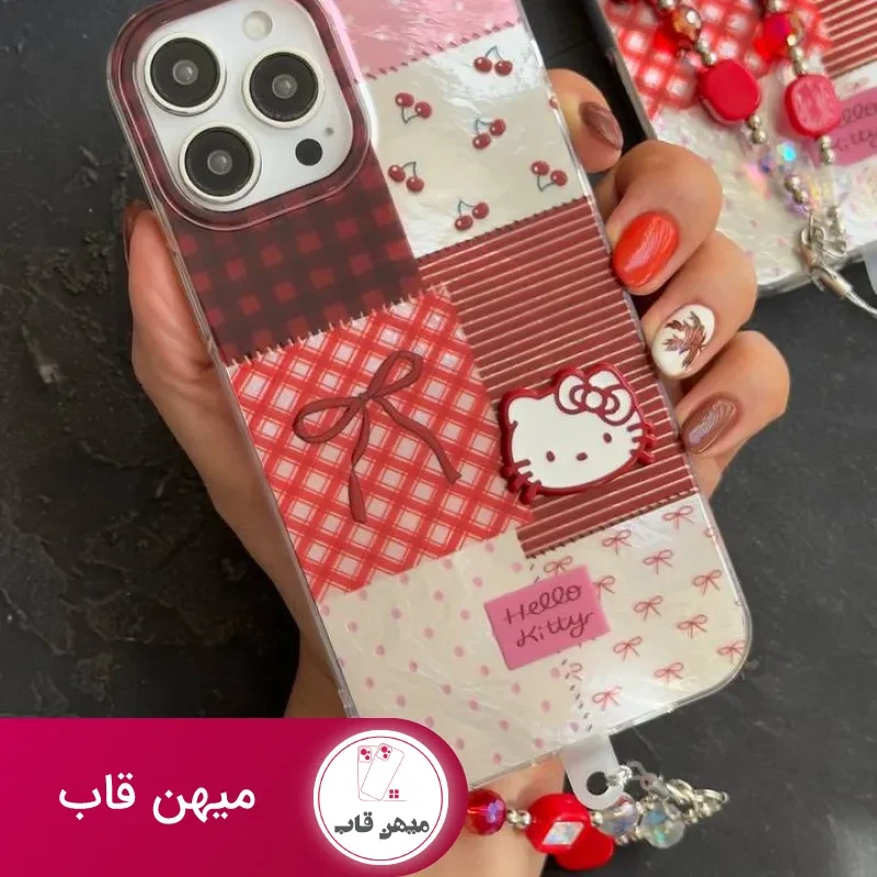 قاب موبایل آیفون کیتی چری آلبالویی پاپیون دار + بندست