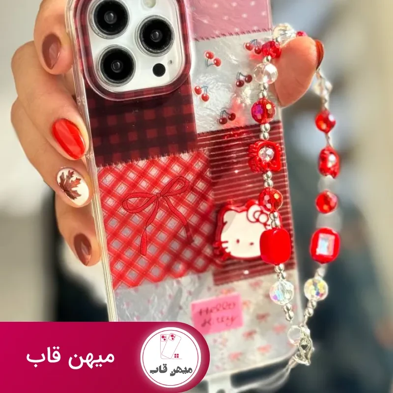 قاب موبایل آیفون کیتی چری آلبالویی پاپیون دار + بندست