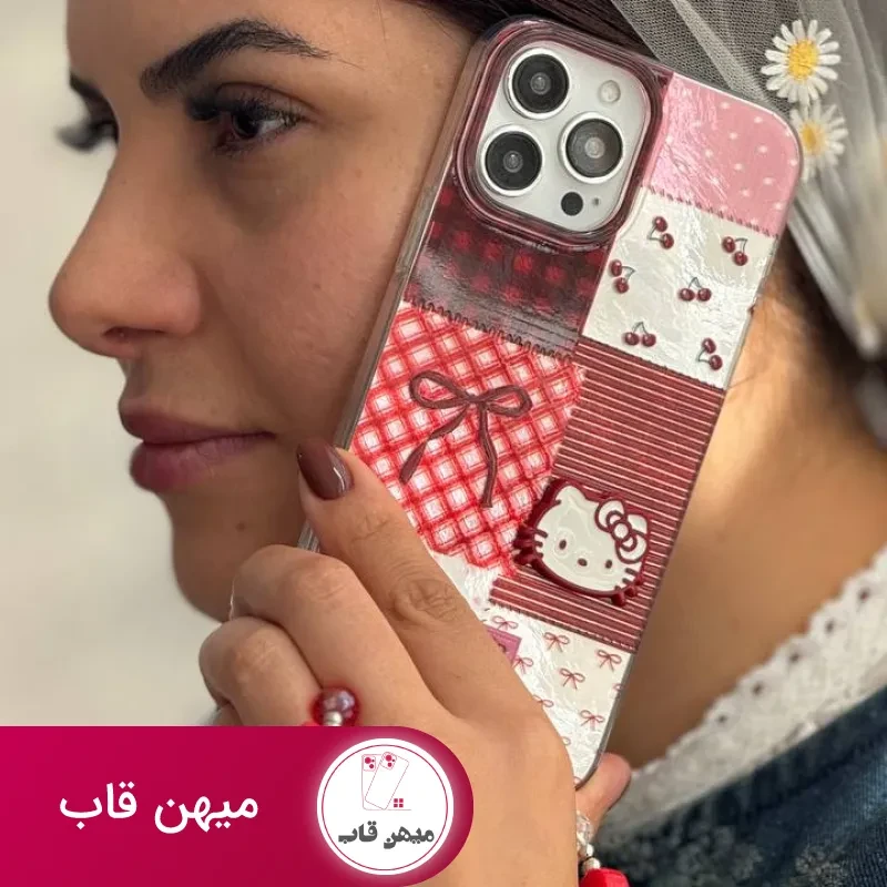 قاب موبایل آیفون کیتی چری آلبالویی پاپیون دار + بندست