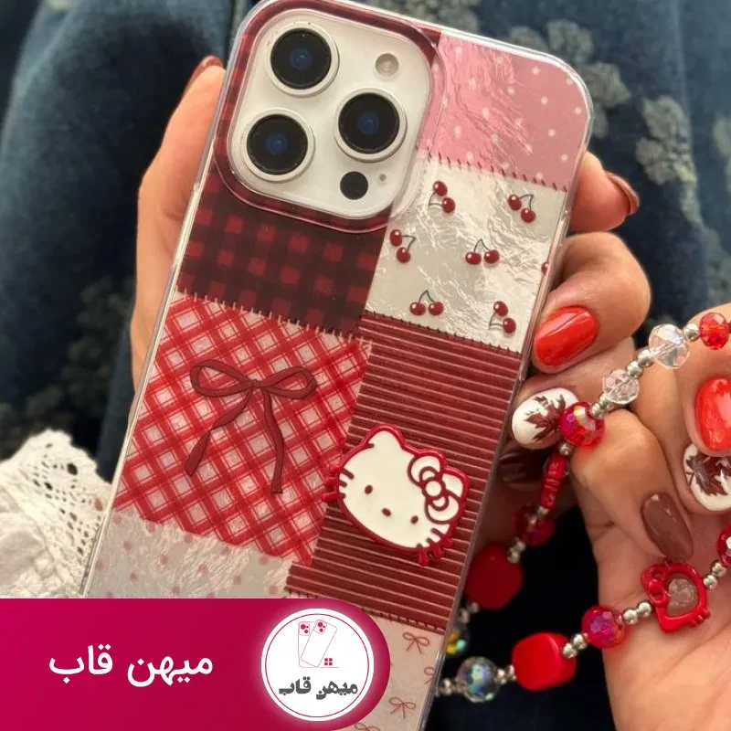 قاب موبایل آیفون کیتی چری آلبالویی پاپیون دار + بندست