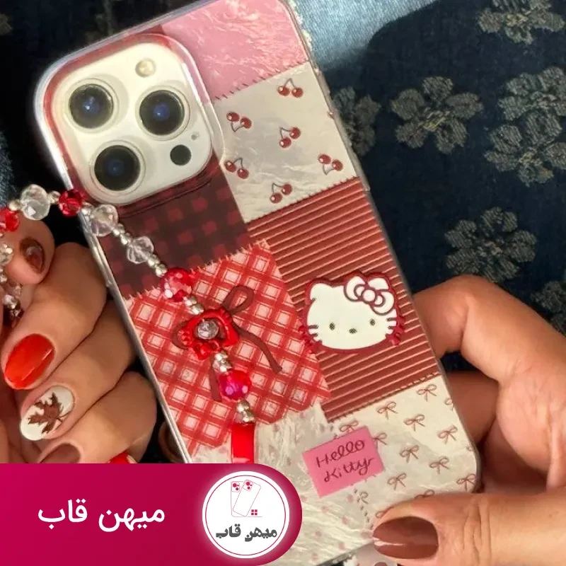 قاب موبایل آیفون کیتی چری آلبالویی پاپیون دار + بندست