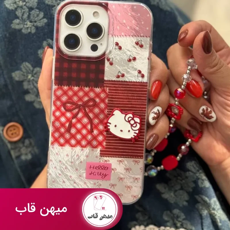 قاب موبایل آیفون کیتی چری آلبالویی پاپیون دار + بندست