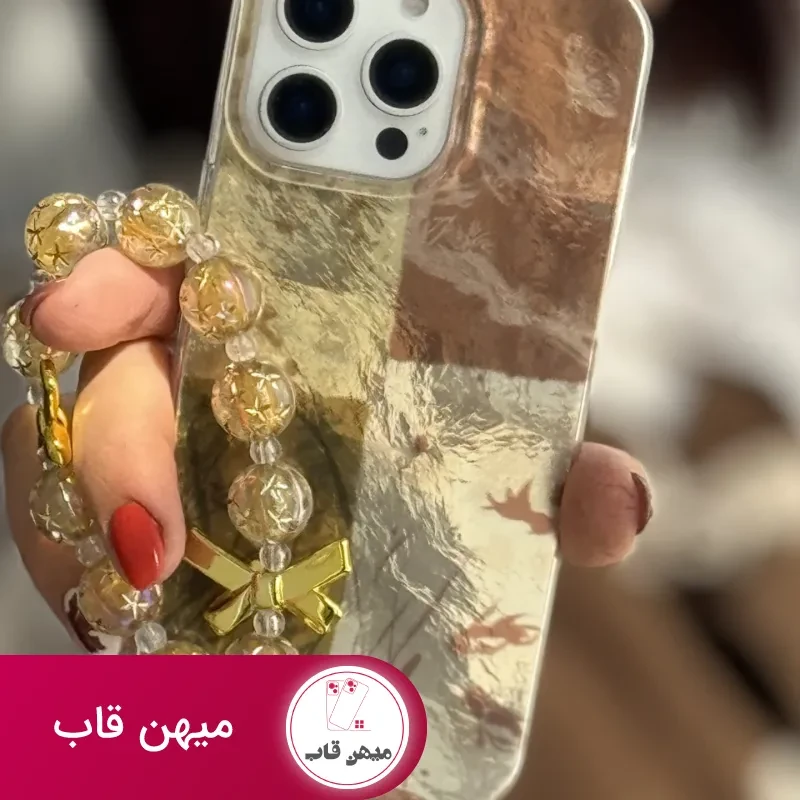 قاب موبایل آیفون براش پروانه طلایی + بندست پاپیون