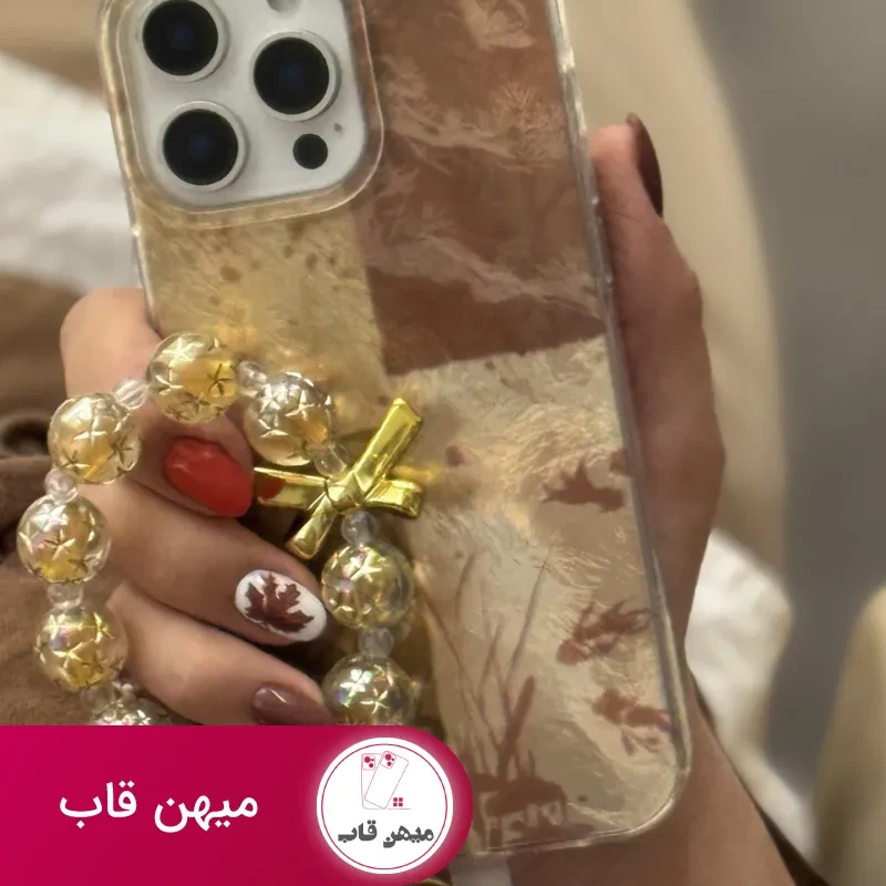 قاب موبایل آیفون براش پروانه طلایی + بندست پاپیون