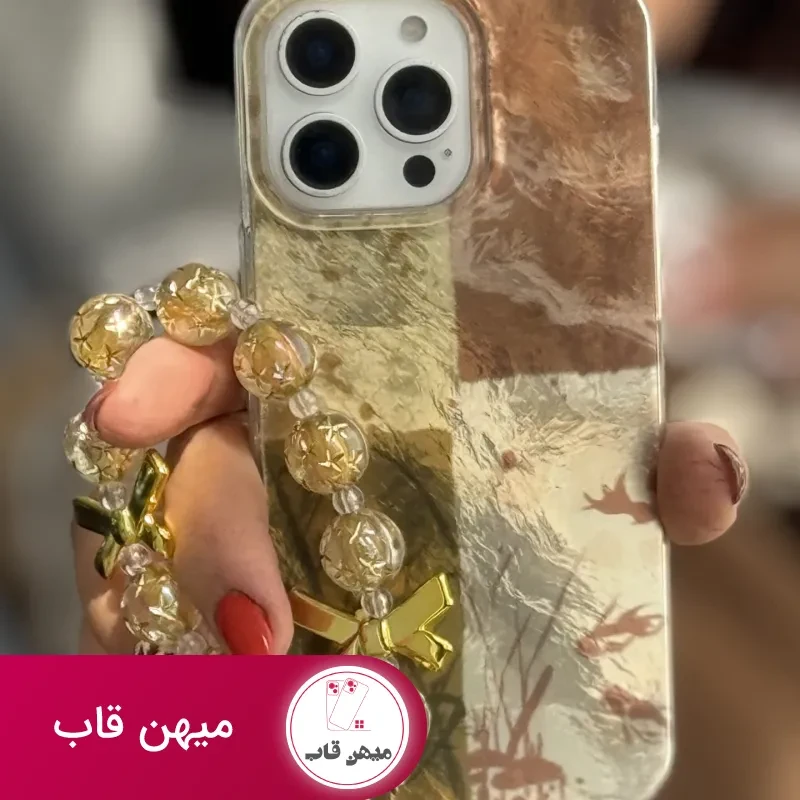 قاب موبایل آیفون براش پروانه طلایی + بندست پاپیون