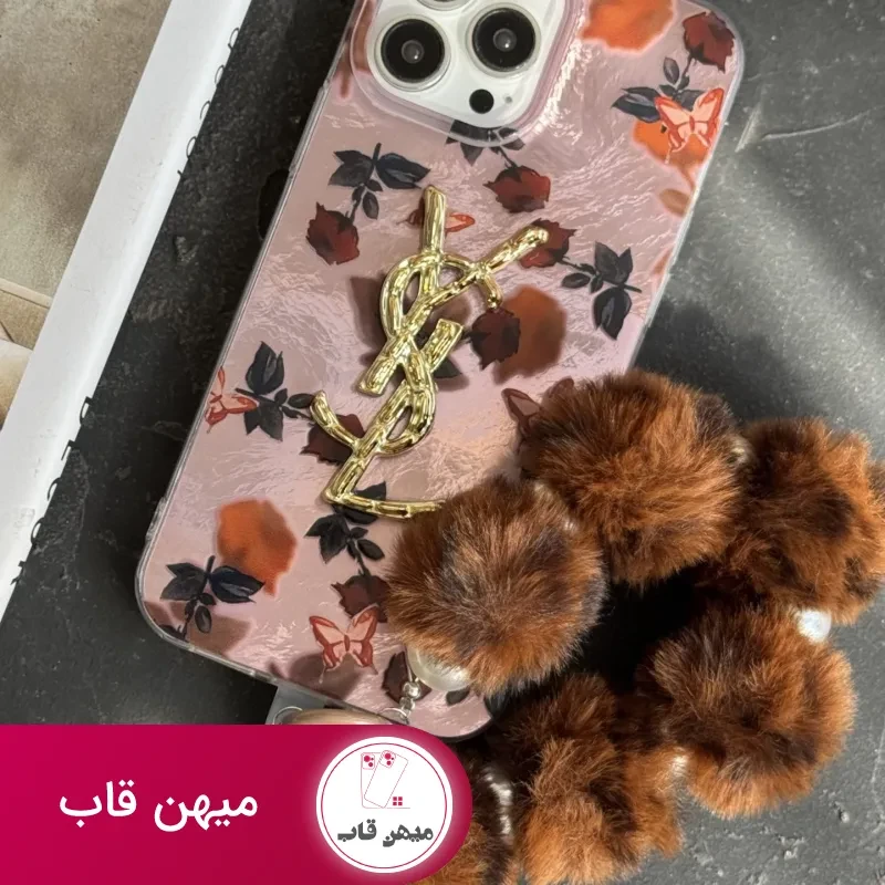 قاب موبایل آیفون سن لورن دم روباهی پروانه گل سرخ + بندست پشمی
