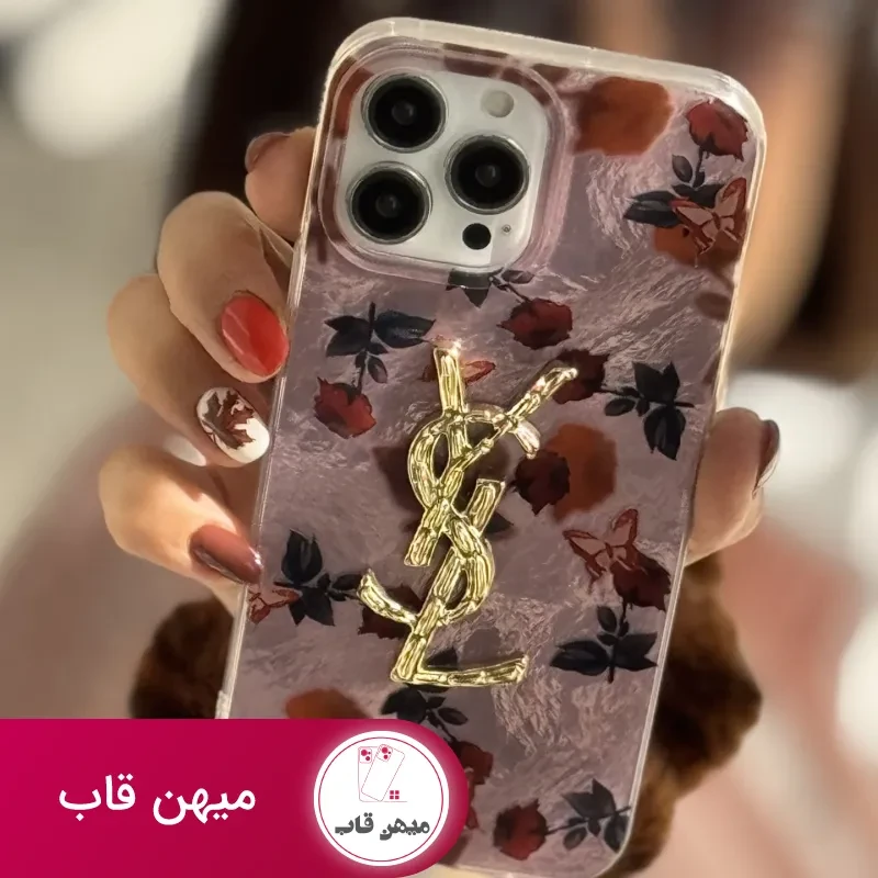 قاب موبایل آیفون سن لورن دم روباهی پروانه گل سرخ + بندست پشمی