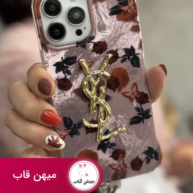 قاب موبایل آیفون سن لورن دم روباهی پروانه گل سرخ + بندست پشمی