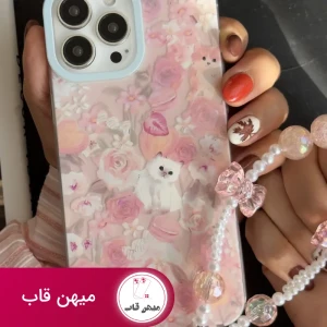قاب موبایل آیفون کت گاردن گربه سفید صورتی + بندست