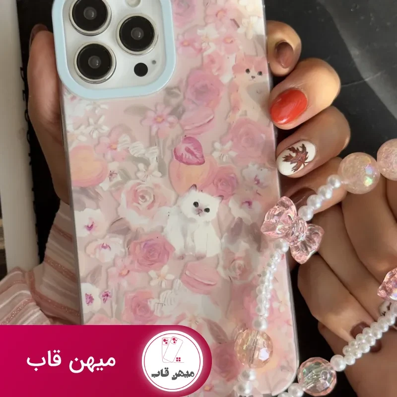 قاب موبایل آیفون کت گاردن گربه سفید صورتی + بندست