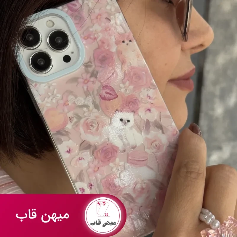 قاب موبایل آیفون کت گاردن گربه سفید صورتی + بندست