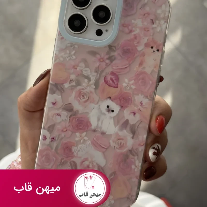 قاب موبایل آیفون کت گاردن گربه سفید صورتی + بندست