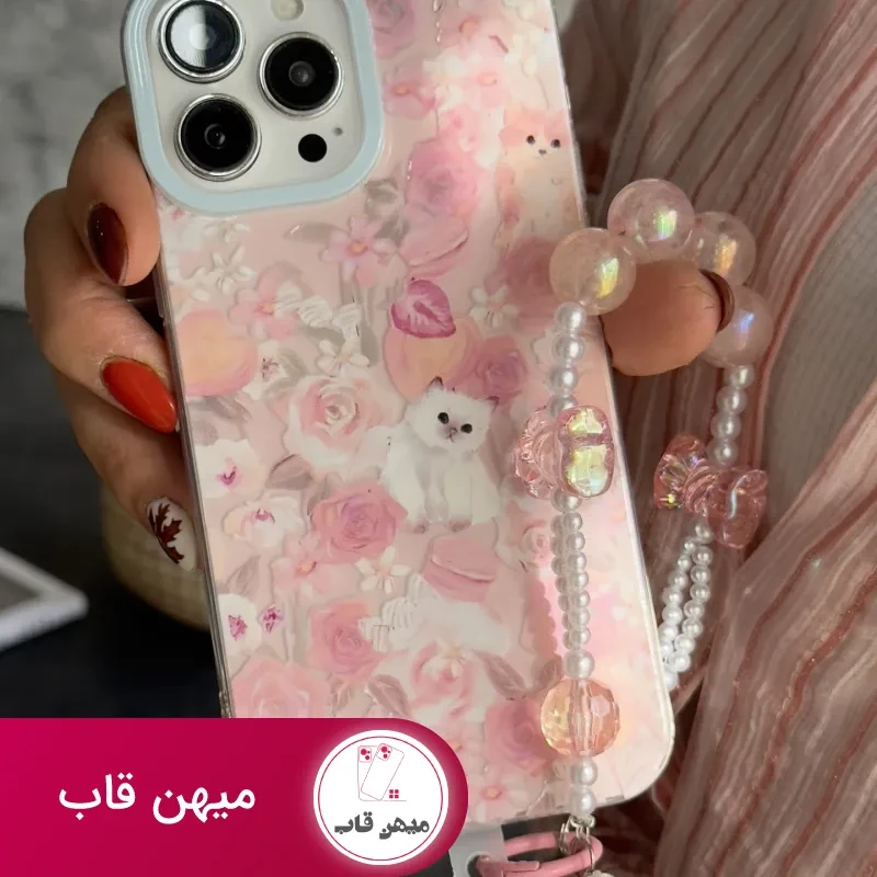قاب موبایل آیفون کت گاردن گربه سفید صورتی + بندست