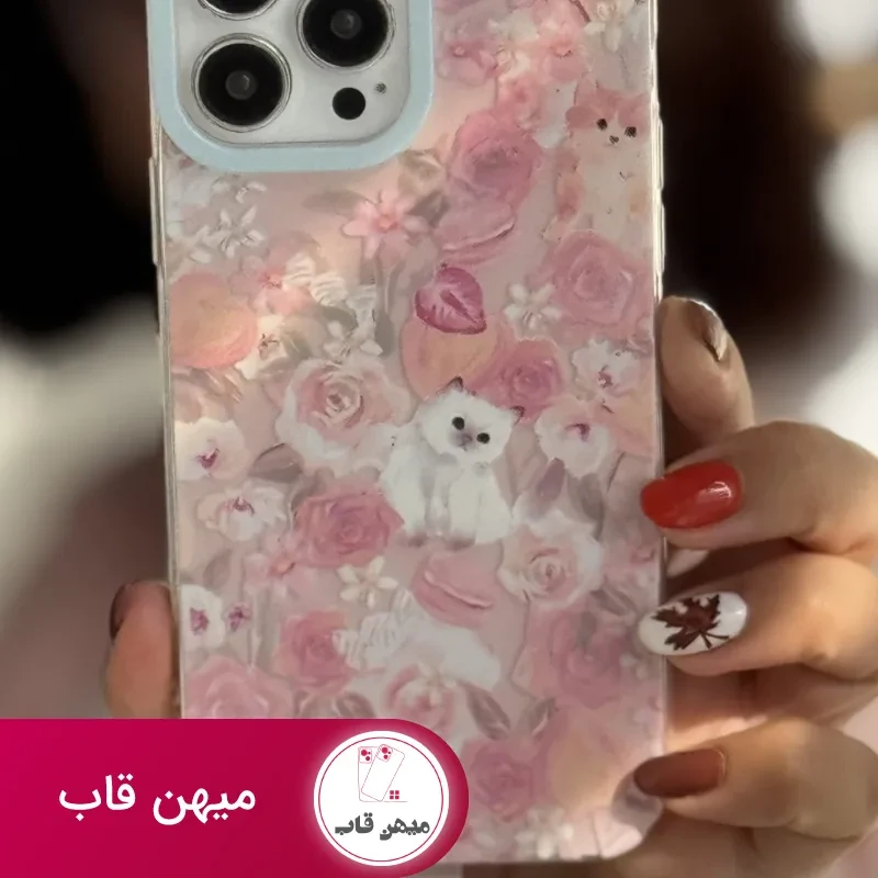 قاب موبایل آیفون کت گاردن گربه سفید صورتی + بندست