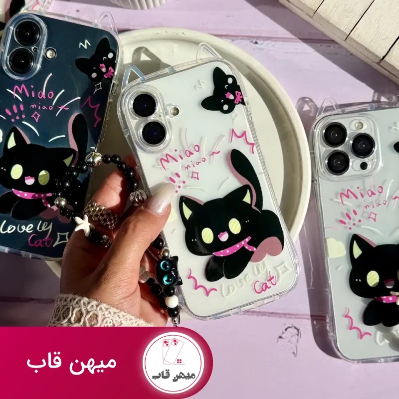 قاب گوشی دخترانه گربه مشکی گوش دار با آویز