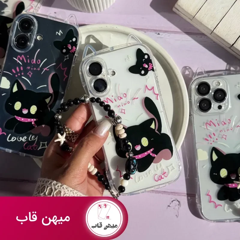 قاب گوشی دخترانه گربه مشکی گوش دار با آویز