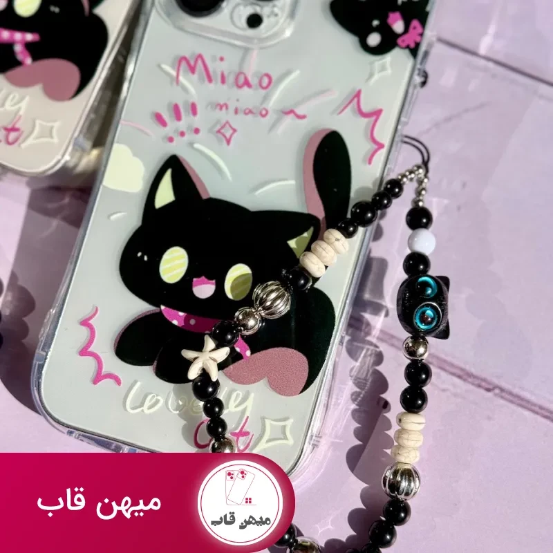 قاب گوشی دخترانه گربه مشکی گوش دار با آویز
