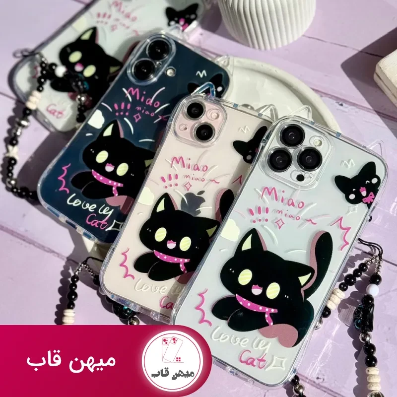 قاب گوشی دخترانه گربه مشکی گوش دار با آویز