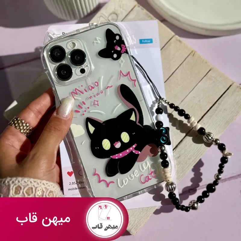 قاب گوشی دخترانه گربه مشکی گوش دار با آویز