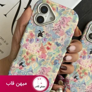 قاب موبایل آیفون خرگوش واندرلند + بندست گل پارچه ای