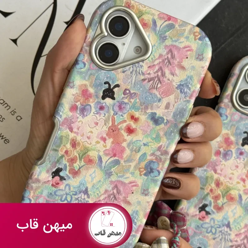 قاب موبایل آیفون خرگوش واندرلند + بندست گل پارچه ای
