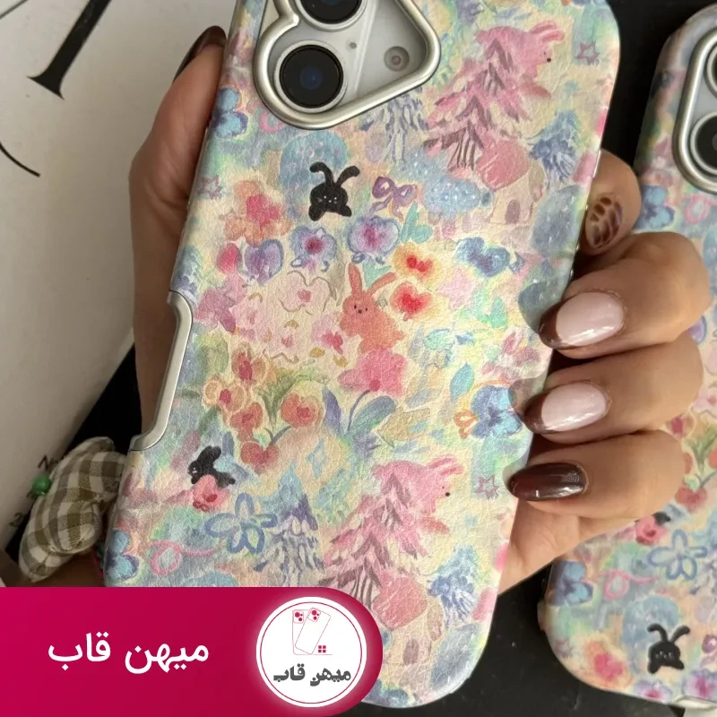 قاب موبایل آیفون خرگوش واندرلند + بندست گل پارچه ای