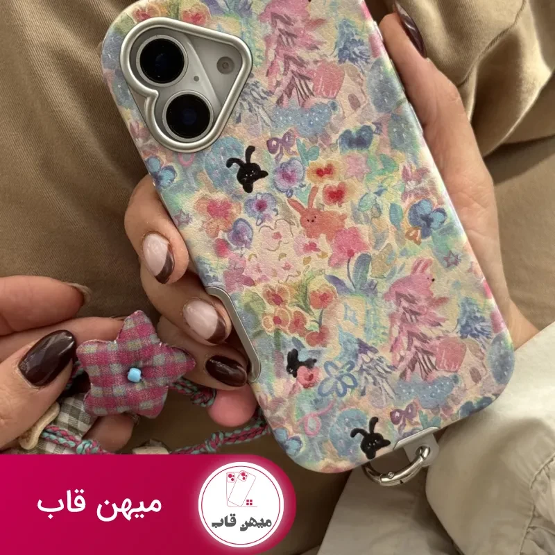 قاب موبایل آیفون خرگوش واندرلند + بندست گل پارچه ای