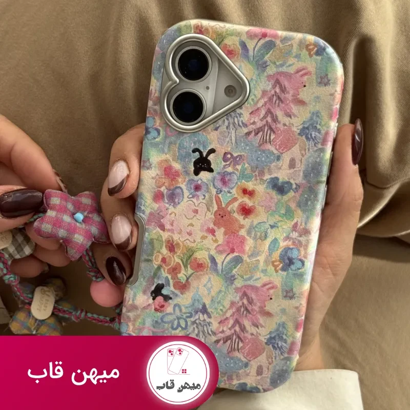 قاب موبایل آیفون خرگوش واندرلند + بندست گل پارچه ای