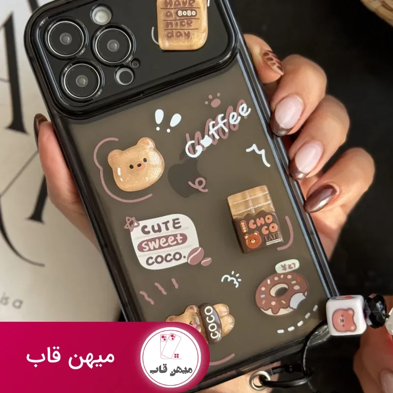 قاب موبایل آیفون خرس چوکوبوبو کافی دونات + بند جیگولی