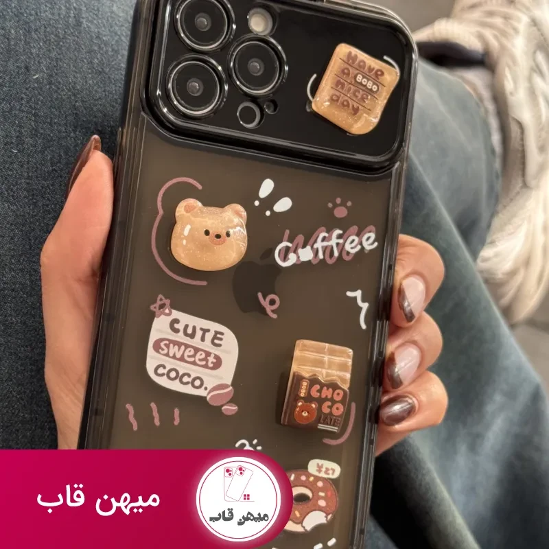 قاب موبایل آیفون خرس چوکوبوبو کافی دونات + بند جیگولی