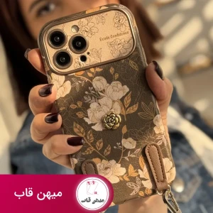 قاب موبایل آیفون گل فلاور کرم فندقی + بند چرمی ست