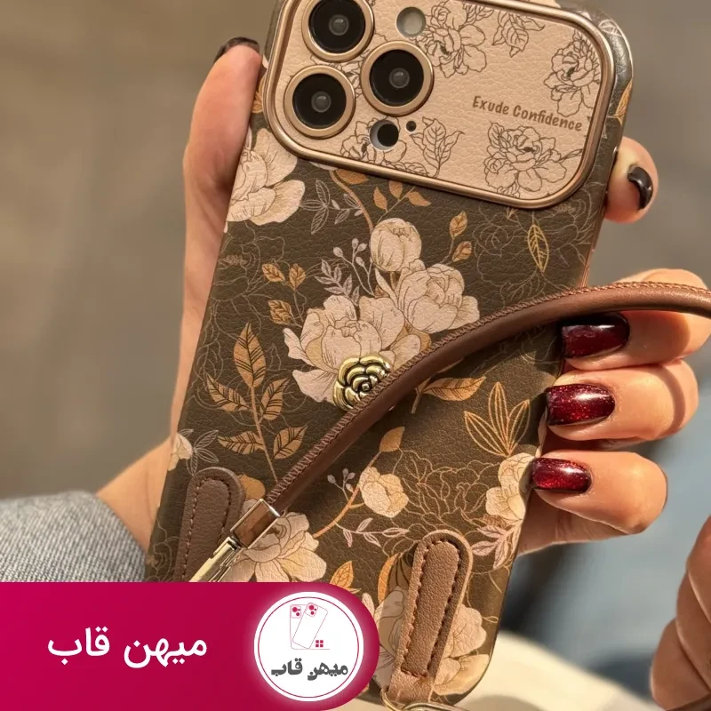 قاب موبایل آیفون گل فلاور کرم فندقی + بند چرمی ست