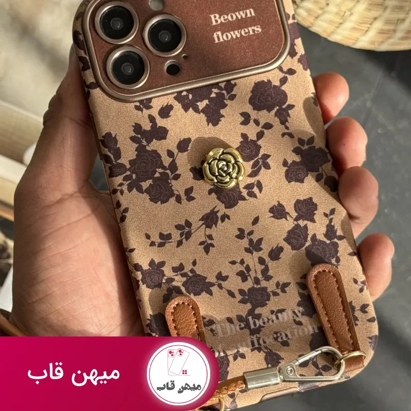 قاب موبایل آیفون گل و برگ پاییزی + بندست