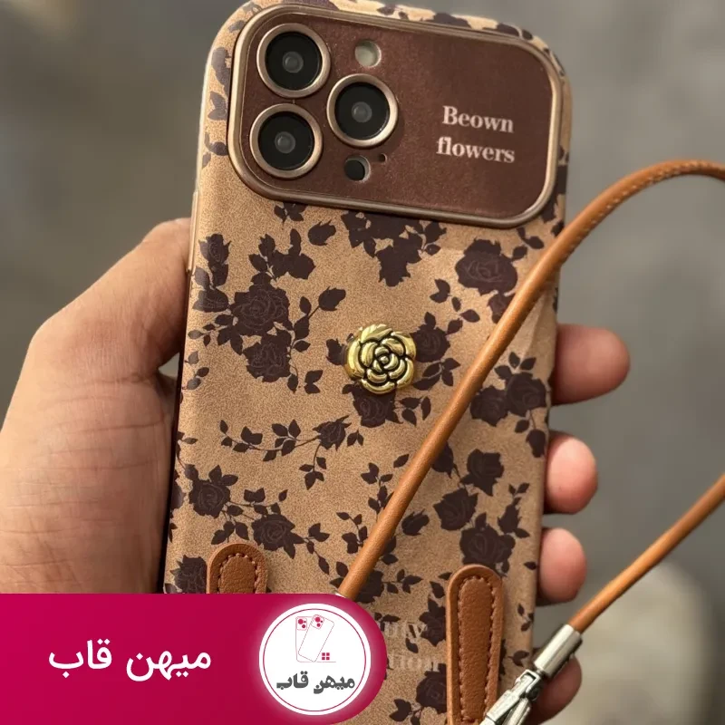 قاب موبایل آیفون گل و برگ پاییزی + بندست